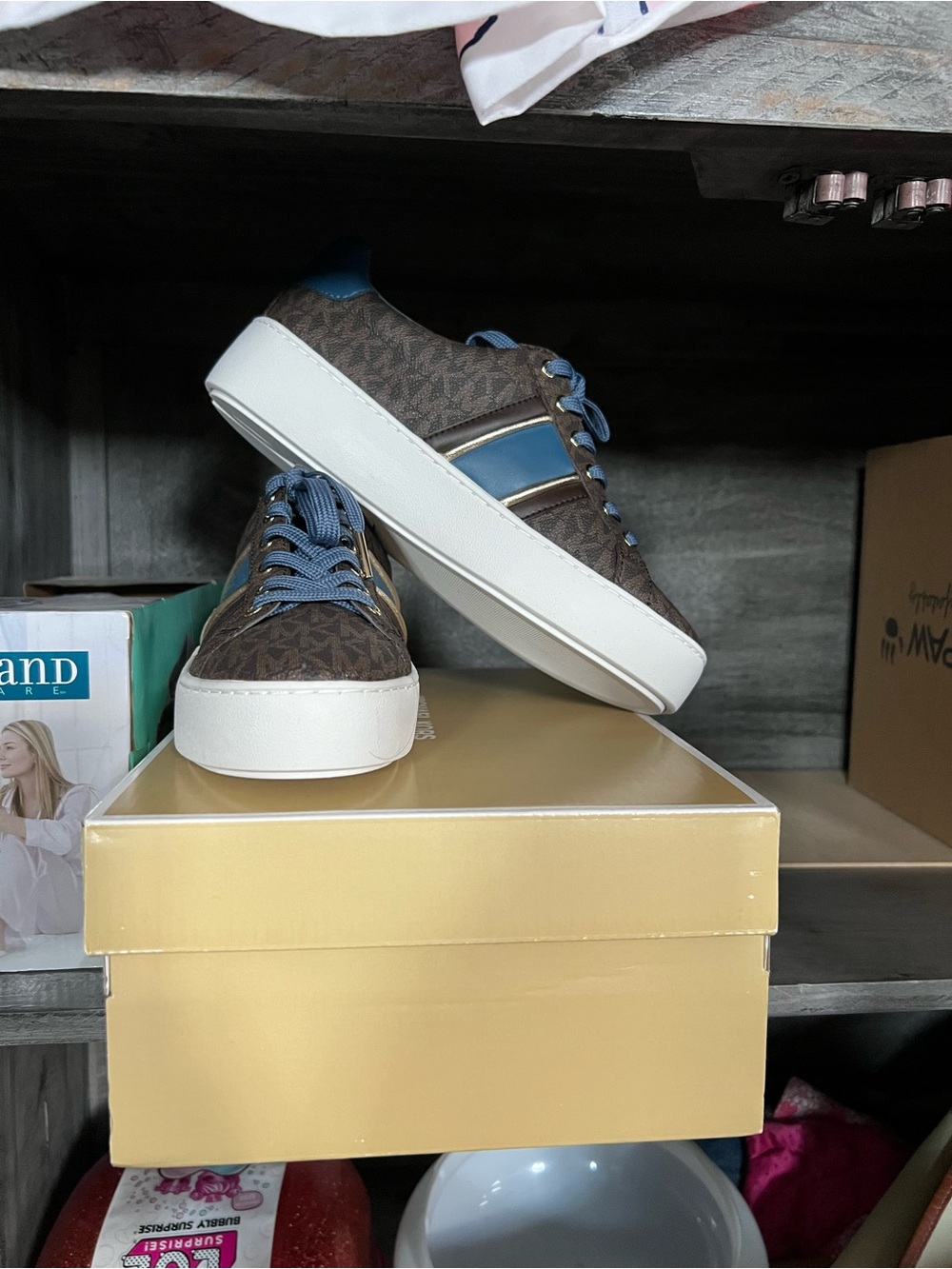 Michael Kors Brown Logo Low-Top Sneakers with Blue Accents